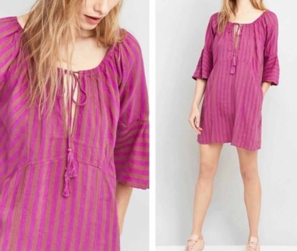 Free People Folk Town Linen Blend Tunic Mini Dress Pink Vertical Stripes Large